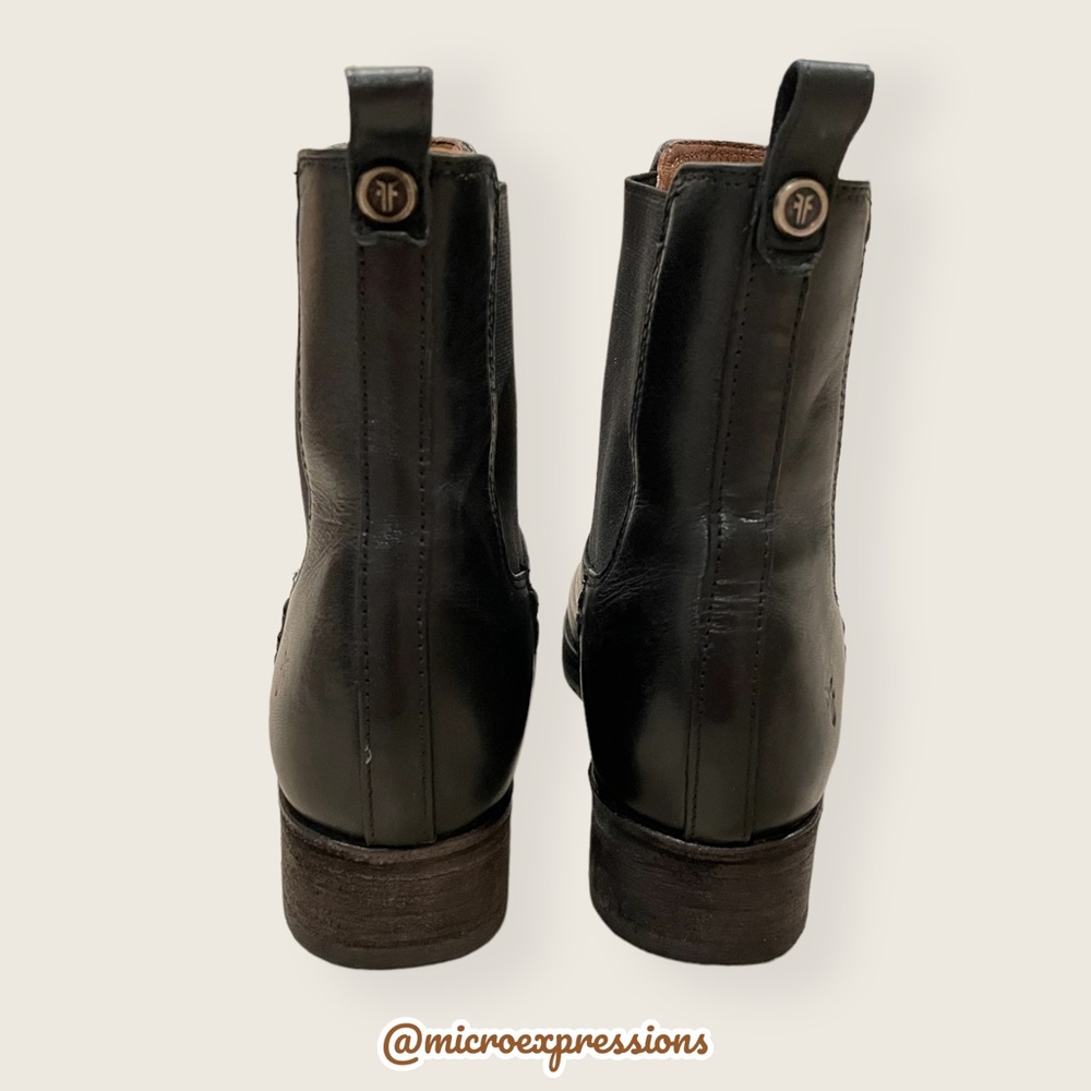 $369 Frye Melissa Chelsea Black Genuine Leather Comfy Low Heel Short Ankle Boot - Picture 11 of 16